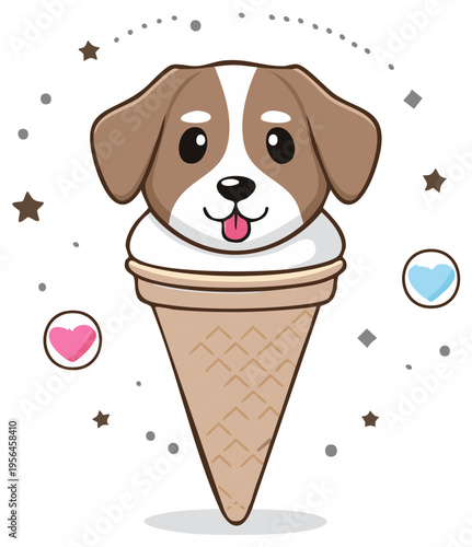 Adorable puppy sitting pretty atop a sugary ice cream cone with hearts and stars decorations