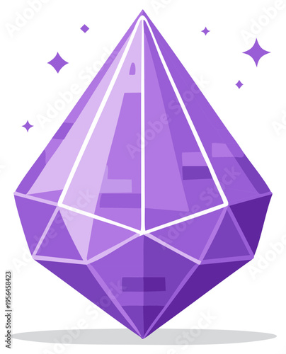 Illustration of a faceted purple gem or diamond with shining stars around it