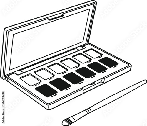 A black and white line art illustration of an open makeup eyeshadow palette with a small brush