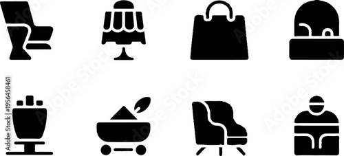 Collection of black and white icons representing home decor, furniture, and everyday household objects