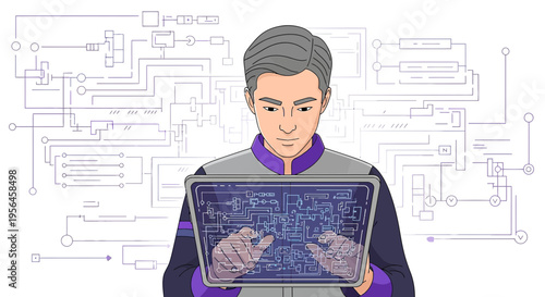 Futuristic engineer interacting with a digital interface and circuit diagram with focused