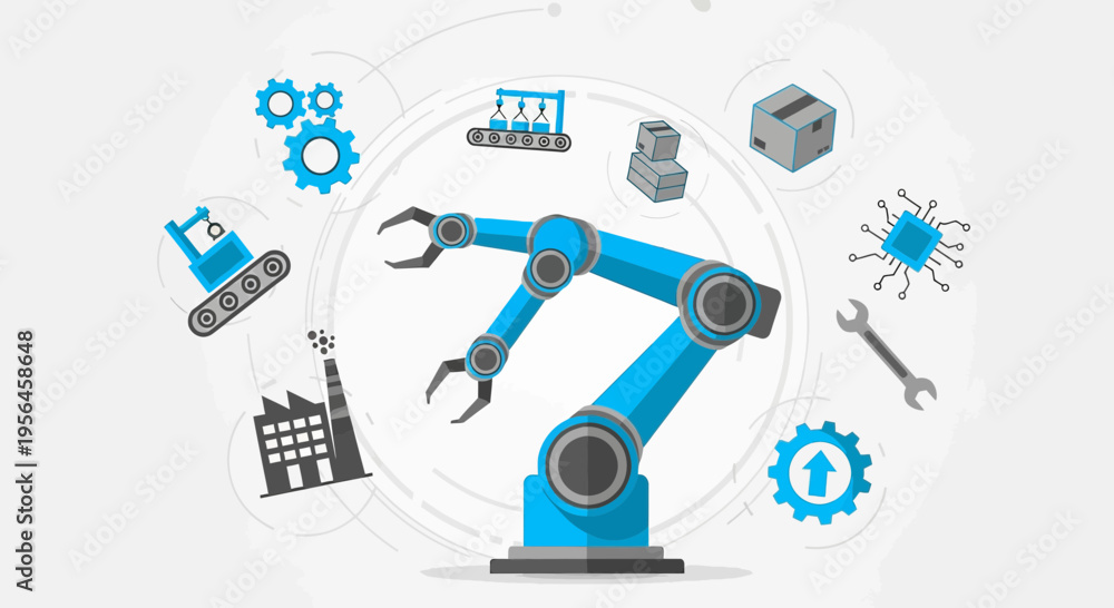 Fototapeta premium Futuristic manufacturing automation with robotic arm and industry process icons illustration