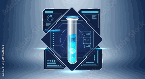 Futuristic laboratory test tube with blue liquid interface and scientific data display