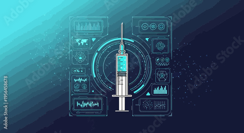 Futuristic medical interface displaying a syringe with graphical user interface elements