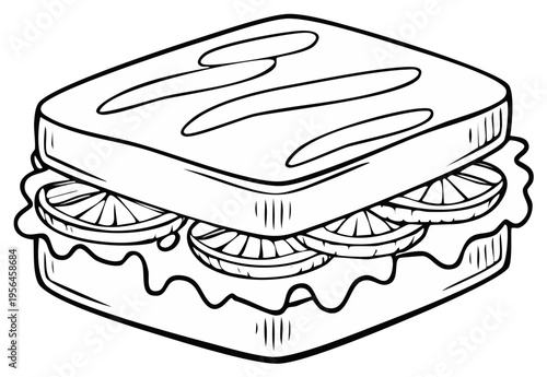 Black and white illustration of a delicious sandwich with lemon and lettuce.