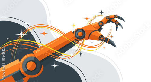 Futuristic robotic arm illustration, modern technology depiction with dynamic lines and star accents