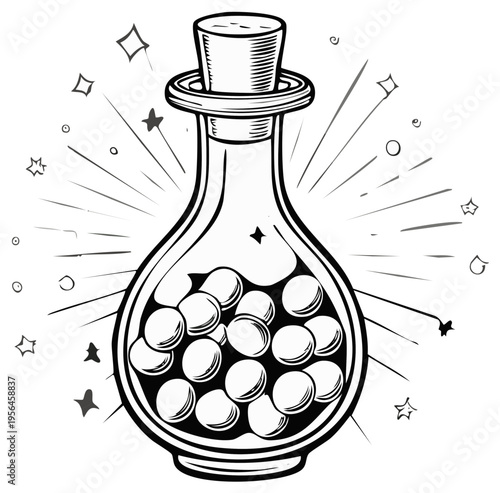 Hand Drawn Potion Bottle with Cork and Shiny Magical Sparkles Filled with Round Balls, Outline Illustration