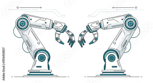 Futuristic robotic arms facing each other illustrating automation technology advancements and