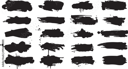 A versatile set of heavy black ink textures featuring hand-painted brush strokes and realistic paint splatters. 