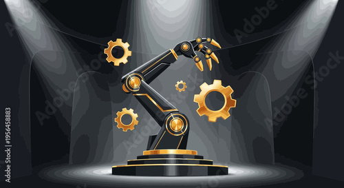 Futuristic robotic arm with gears against a stylized backdrop for technological innovation