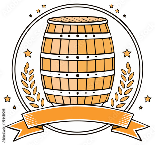 Wooden Barrel Emblem with Laurel Wreath and Ribbon Illustration