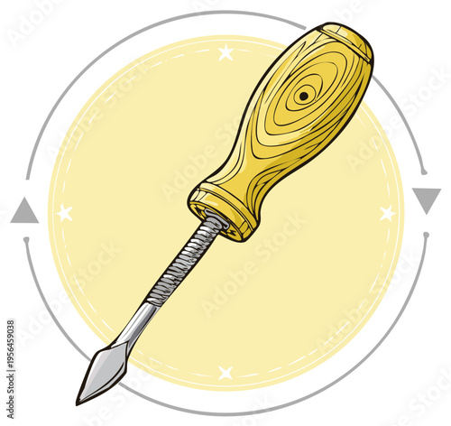 Hand drawn reamer tool illustration, yellow grip, metallic shaft. Circle frame. Repair instrument. Carpentry, engineering, maintenance. Construction.