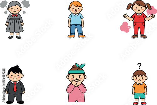 Cute Kids Character Set with Different Child Outfits, Expressions, and Playful Cartoon People Vector Illustration Collection