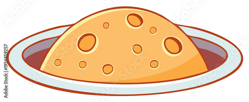 Whimsical illustration of a large, holey cheese wedge served on a plate, cartoon style.