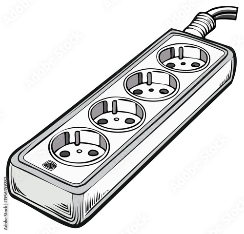 Illustration of a white electrical power strip with four European sockets and a coiled power cord