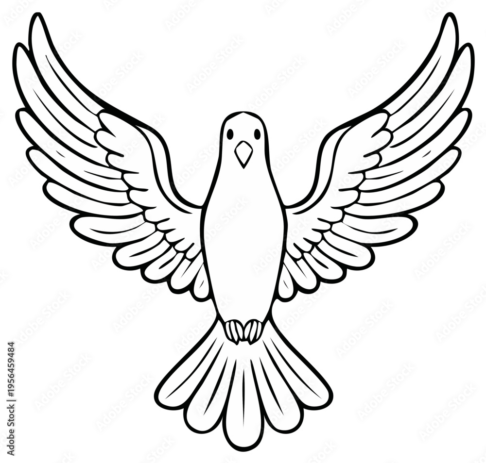 Obraz premium Dove illustration with open wings, symbolic of peace, spirituality, or freedom, in black and white outline.