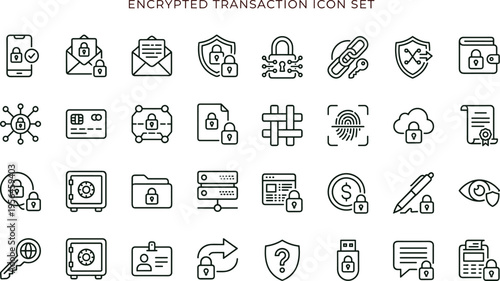 Encrypted transaction outline icon set featuring secure payment authentication privacy protection interface symbols for digital finance applications