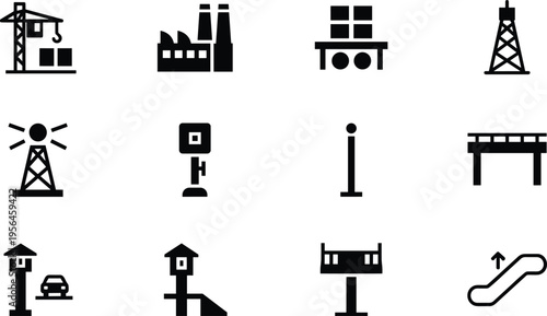 Set of twelve urban infrastructure and industrial icons including construction crane, factory, oil derrick, communication tower, fuel pump, bridge, toll booth, billboard, escalator
