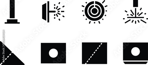 Set of black manufacturing and machining process icons including cutting, drilling, folding, inspection, laser engraving, countersunk holes, and industrial 