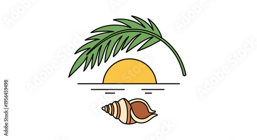 Tropical Beach Scene with Palm, Sunset, and Seashell