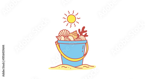 Beach Bucket Filled with Seashells and Coral Under a Sunny Sky