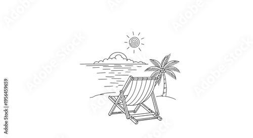 Beach Chair on Tropical Coastline with Palm Tree and Sun Illustration