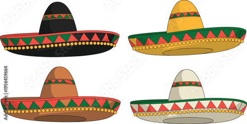 Mexican sombrero vector set, traditional fiesta hats with colorful patterns, cultural costume design elements for celebration, festival, party, and decorative graphic artwork use