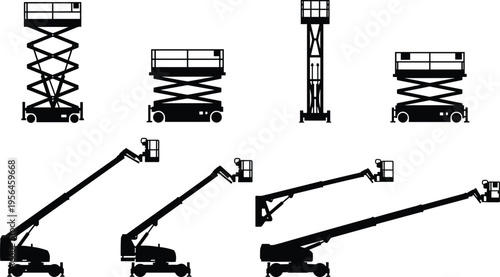 Silhouettes of industrial aerial work platforms including scissor lifts, boom lifts, and mast lifts used for construction, maintenance, and elevated access safety tasks