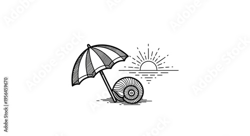 Beach Scene with Umbrella, Seashell, and Rising Sun in Black and White Line Art