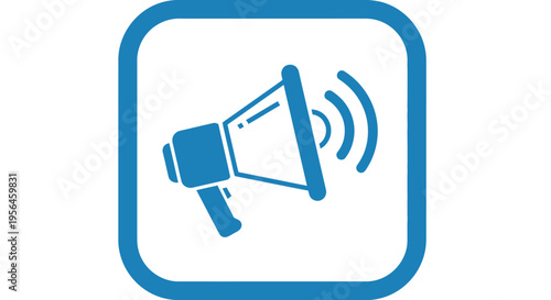 Blue Megaphone Icon with Sound Waves in Rounded Square Frame