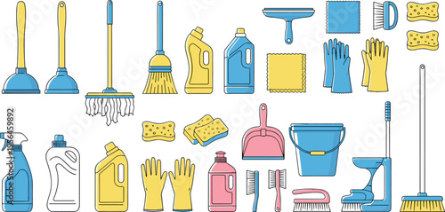 House Cleaning Tools and Supplies Set with Mop, Gloves, Detergent, Sponge, Brush, and Household Hygiene Equipment