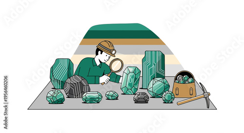 Gemstone evaluator examining geological samples with magnifying glass and mining equipment