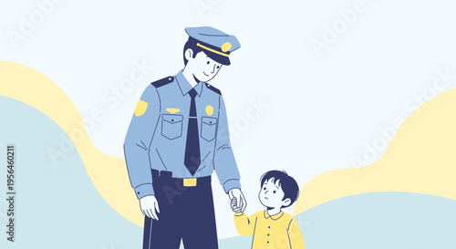 Gentle authority: kind policeman holding hands with a small child with comforting guidance