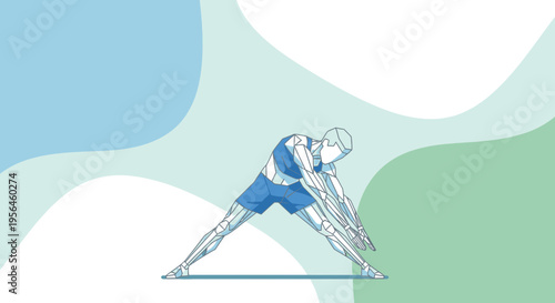 Geometric athlete stretching with blue hues on soft backgrounds for visual appeal