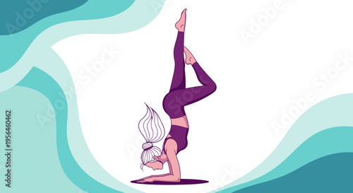 Graceful balance handstand pose illustrated against a serene turquoise backdrop expressing calm
