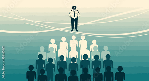 Governance concept with policeman overseeing diverse citizens unity representation