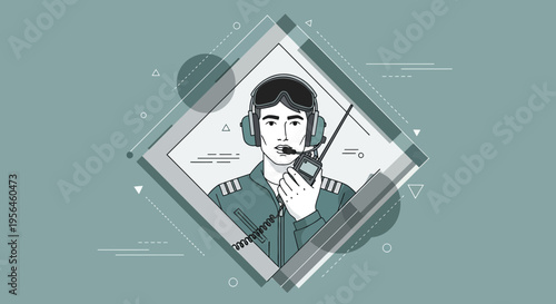 Graphic aviation personnel illustration, modern communication system in subtle color geometric