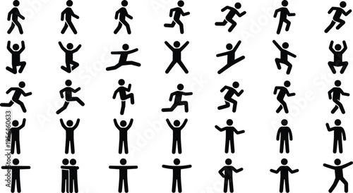 Human stick figure icons set, people pictogram collection, walking running jumping poses, silhouette symbols isolated vector pack