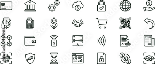 Digital payment outline icon set featuring banking transaction analytics security wallet interface symbols for mobile finance applications