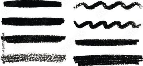 A set of thick, grainy charcoal strokes and wavy crayon lines featuring rough edges and realistic wax textures, perfect for organic borders and underline accents.