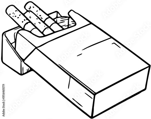 Detailed line art illustration of an open cigarette pack revealing several filtered tobacco sticks, representing detrimental habits, potential health risks, and the concept of addiction