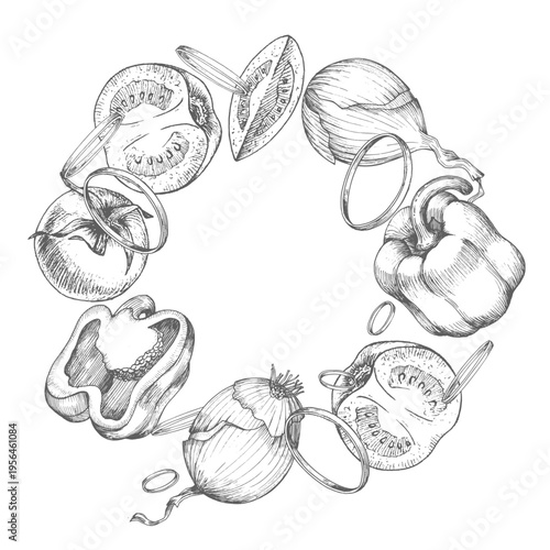 Wreath of bell pepper, onion and tomatoes. Vector ink styled handmade illustration. For packaging design, cards, cover, prints, product labels and fabric.