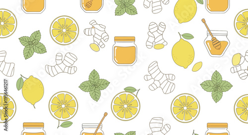 Seamless pattern featuring lemon slices ginger root honey jars and fresh green mint leaves icons