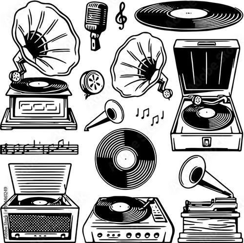 Vintage Music Player Collection Gramophones and Records Illustration