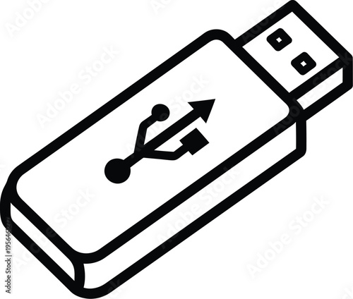 A simple black and white line art illustration of a standard usb flash drive storage device