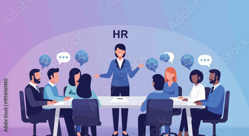 Human resources presentation at corporate meeting with diverse employees, sharing ideas