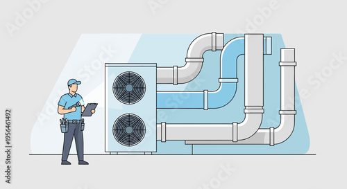HVAC technician inspects industrial air conditioning system and ductwork meticulously ensuring