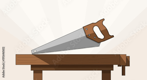 Hand saw cutting lumber, a woodworking scene, illustration, a carpentry equipment, hand tool for