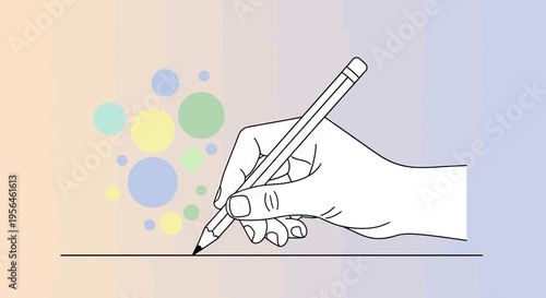 Hand holding pencil drawing on a line with colorful pastel circles background