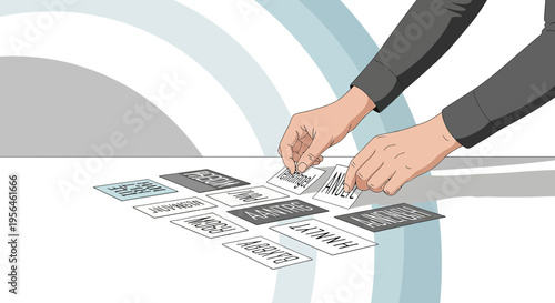 Hands interacting with randomly assorted word cards on a stark white surface art piece